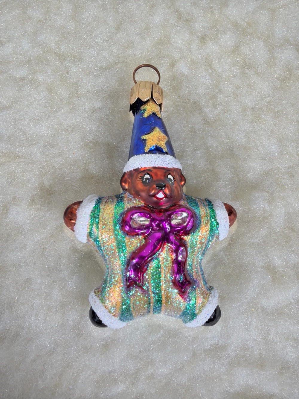 Vintage Christopher Radko Festive Star Bear Gem Ornament in Blue and Pink